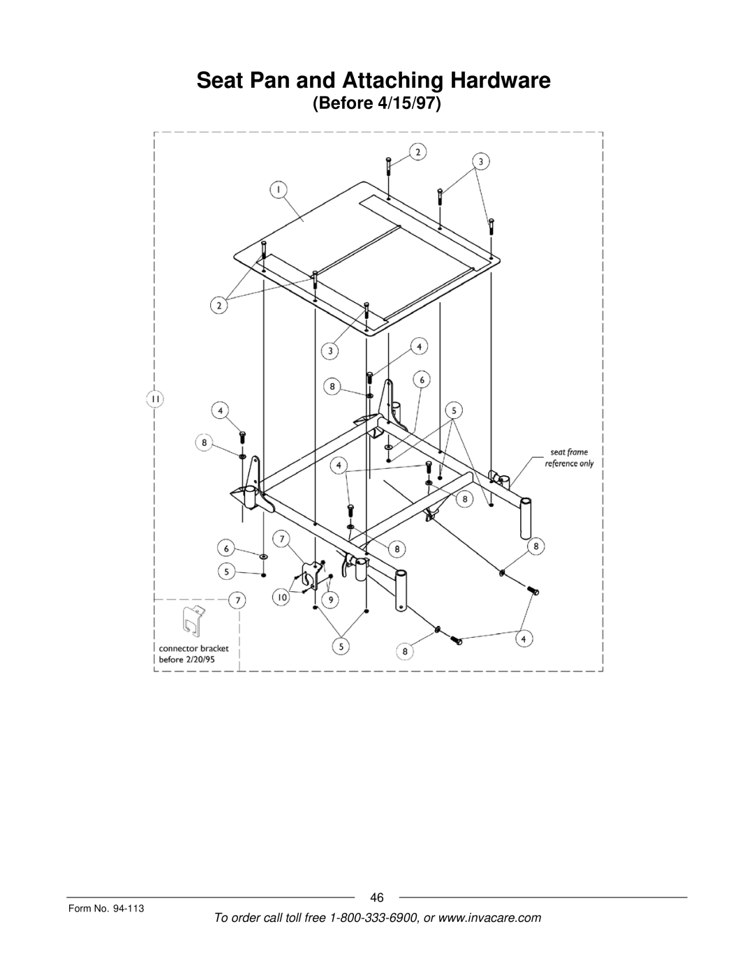 Invacare TorqueTM manual Seat Pan and Attaching Hardware, Before 4/15/97 