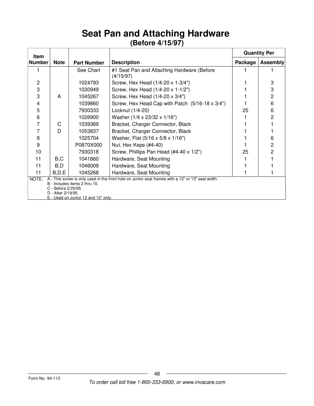 Invacare TorqueTM manual Quantity Per Number Part Number Description Package Assembly 