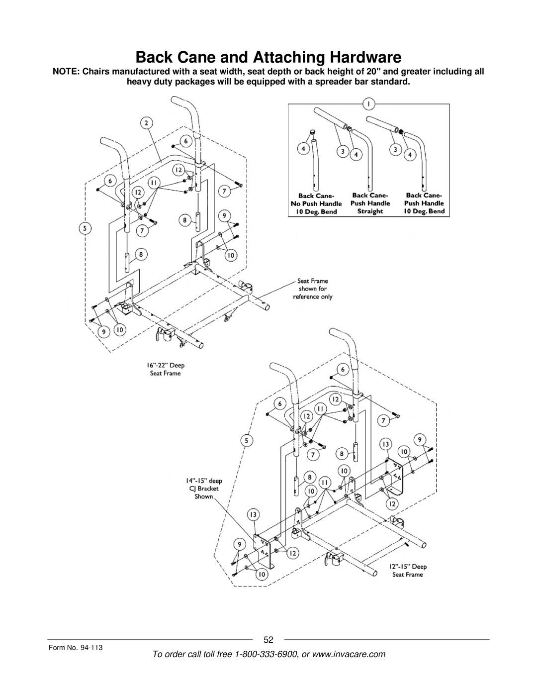 Invacare TorqueTM manual Back Cane and Attaching Hardware 