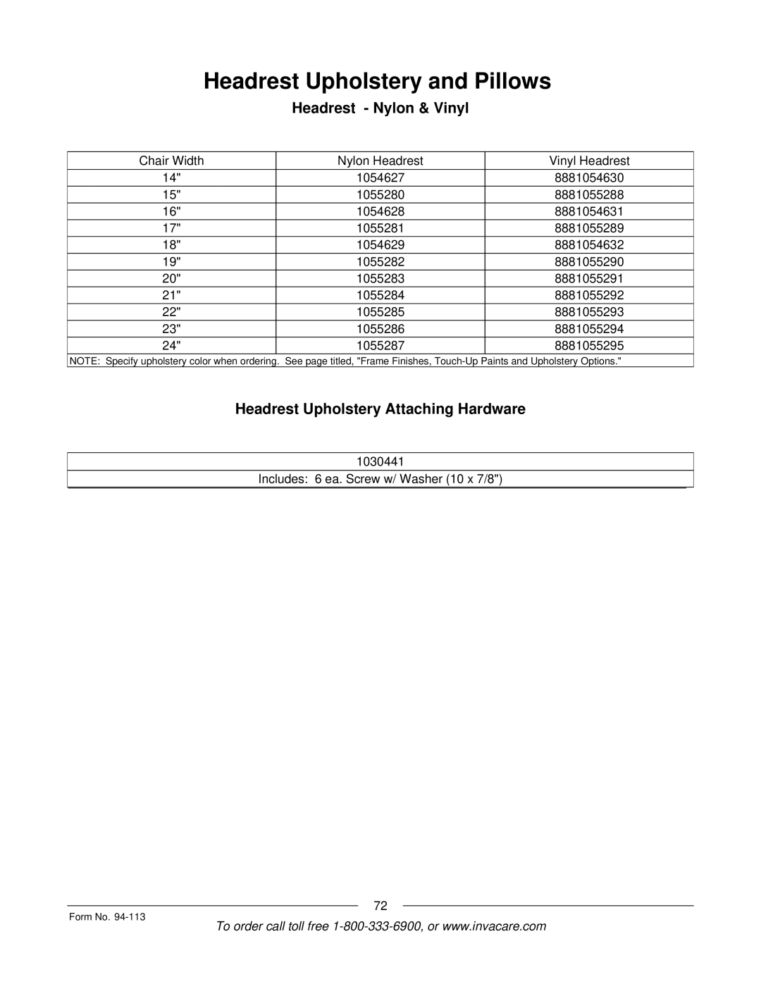 Invacare TorqueTM manual Headrest Upholstery and Pillows, Headrest Nylon & Vinyl, Headrest Upholstery Attaching Hardware 