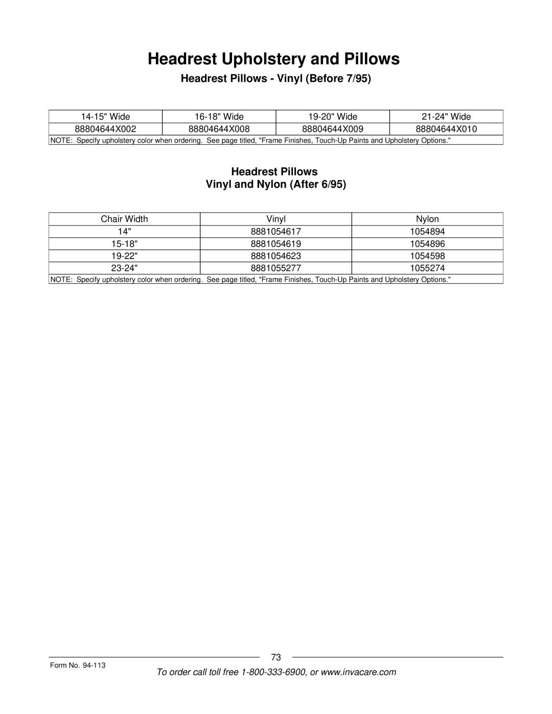 Invacare TorqueTM manual Headrest Pillows Vinyl Before 7/95, Headrest Pillows Vinyl and Nylon After 6/95 