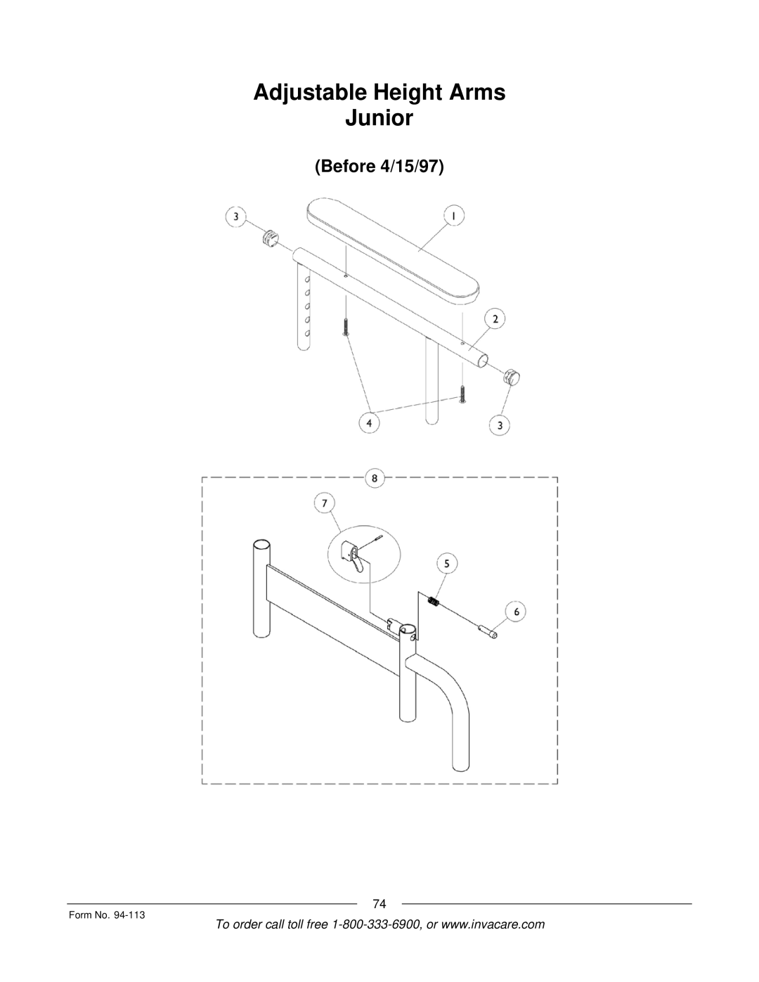 Invacare TorqueTM manual Adjustable Height Arms Junior, Before 4/15/97 