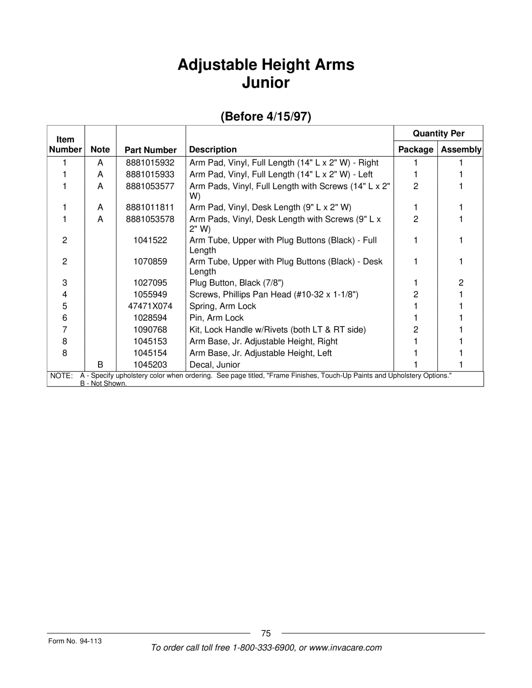 Invacare TorqueTM manual Quantity Per Part Number Description Package Assembly 