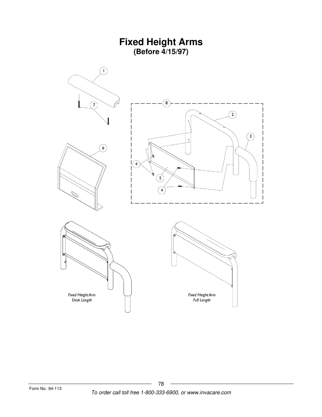 Invacare TorqueTM manual Fixed Height Arms, Before 4/15/97 