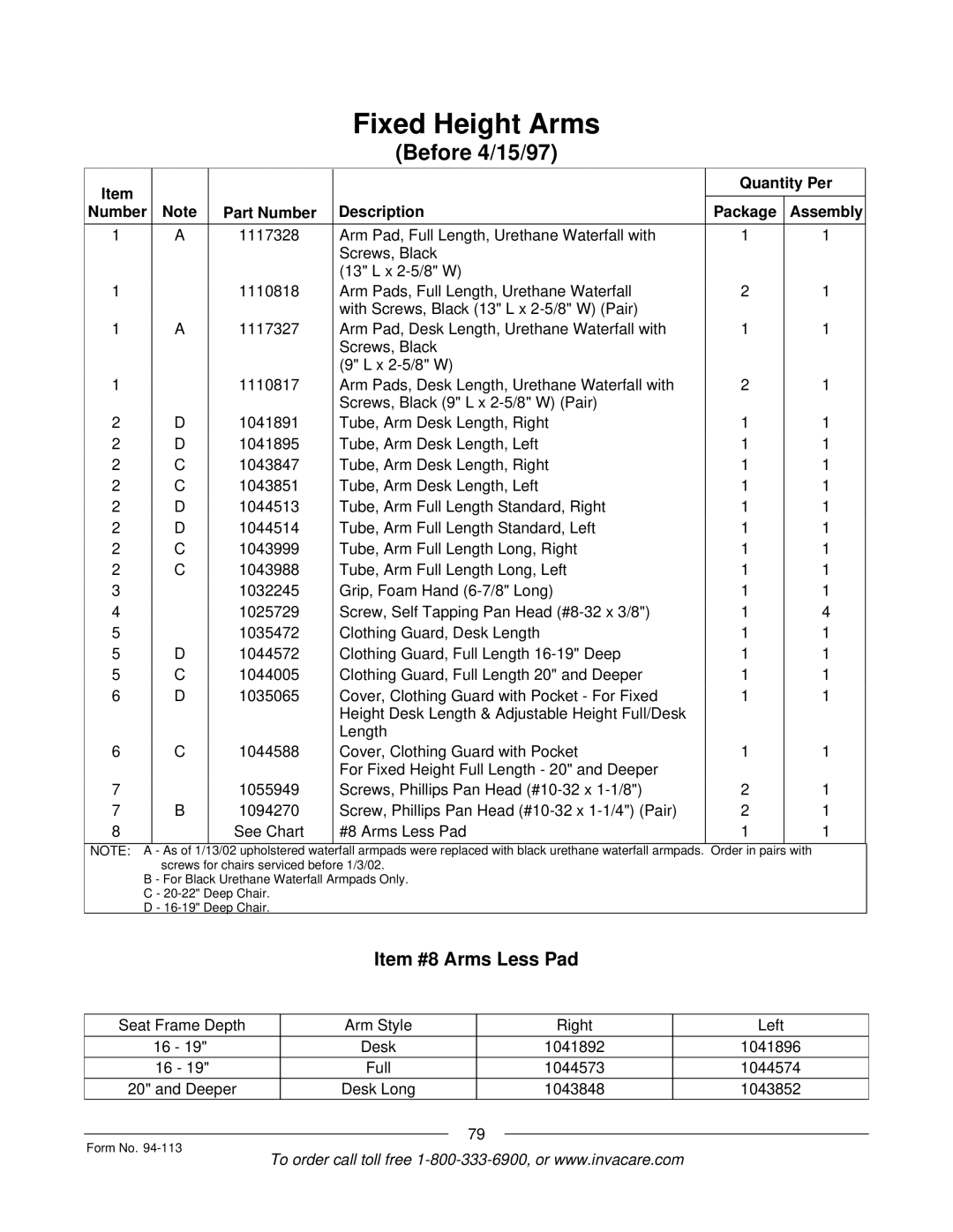 Invacare TorqueTM manual Item #8 Arms Less Pad, Number Part Number Description Package Assembly 