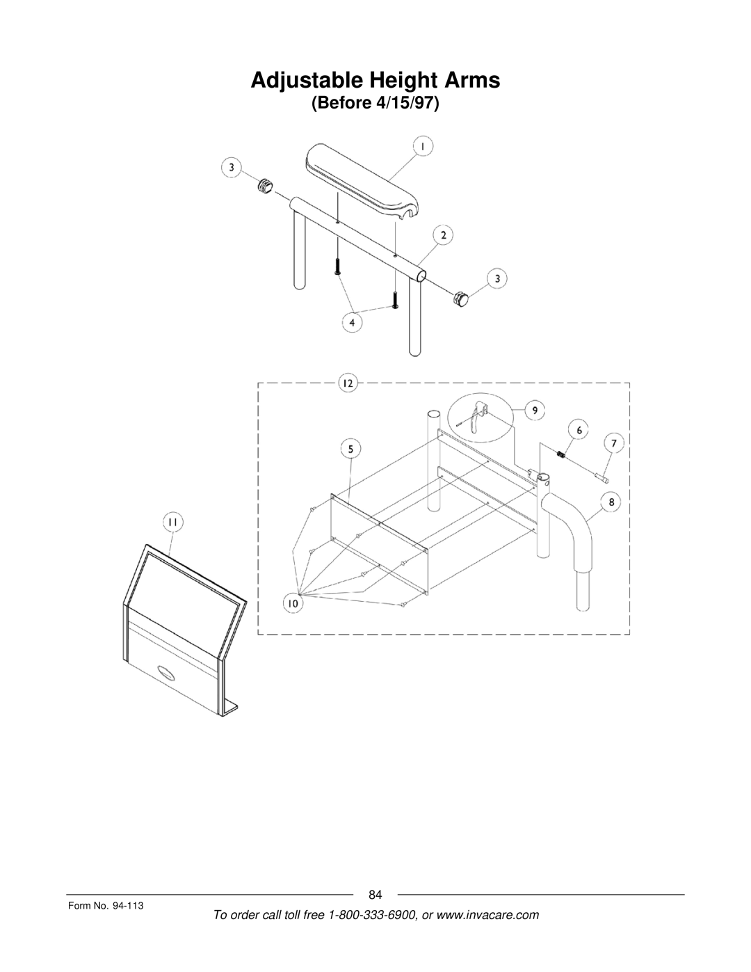 Invacare TorqueTM manual Adjustable Height Arms, Before 4/15/97 