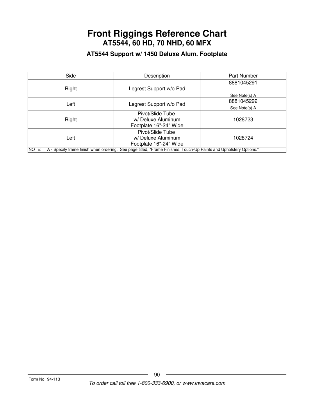 Invacare TorqueTM manual AT5544 Support w/ 1450 Deluxe Alum. Footplate 