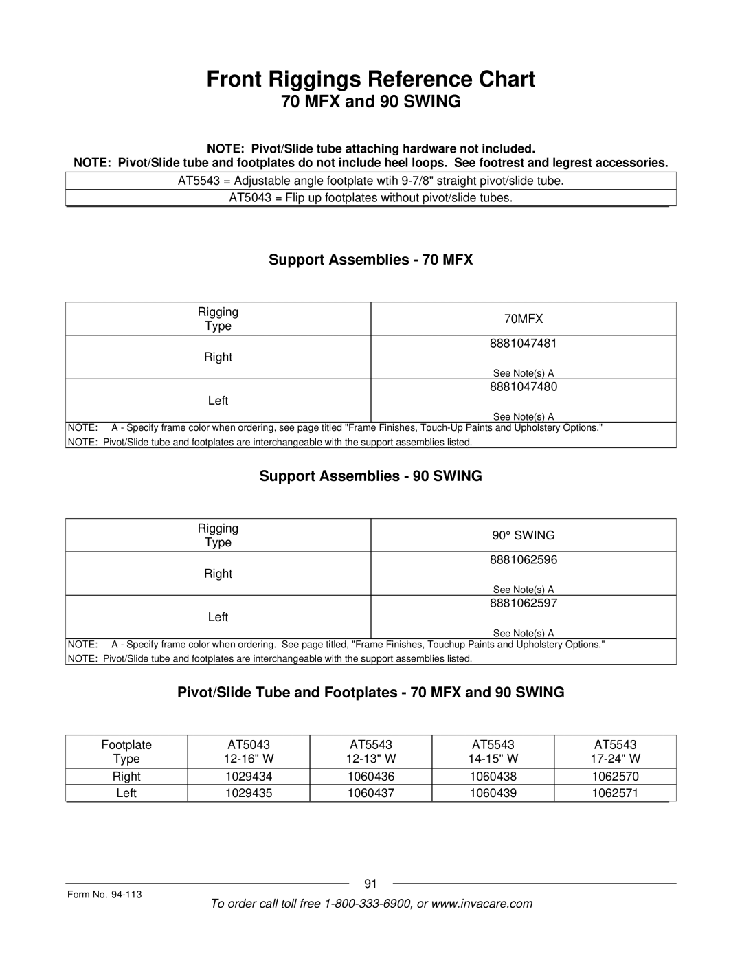 Invacare TorqueTM manual MFX and 90 Swing, Support Assemblies 70 MFX, Support Assemblies 90 Swing 