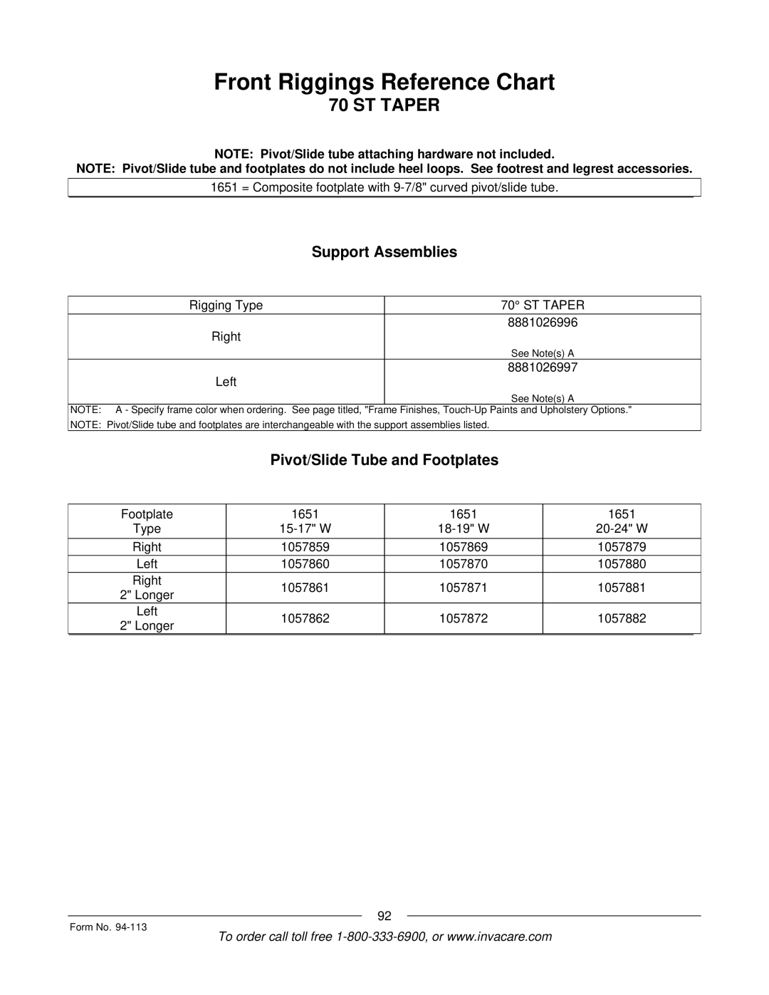 Invacare TorqueTM manual ST Taper, Support Assemblies 