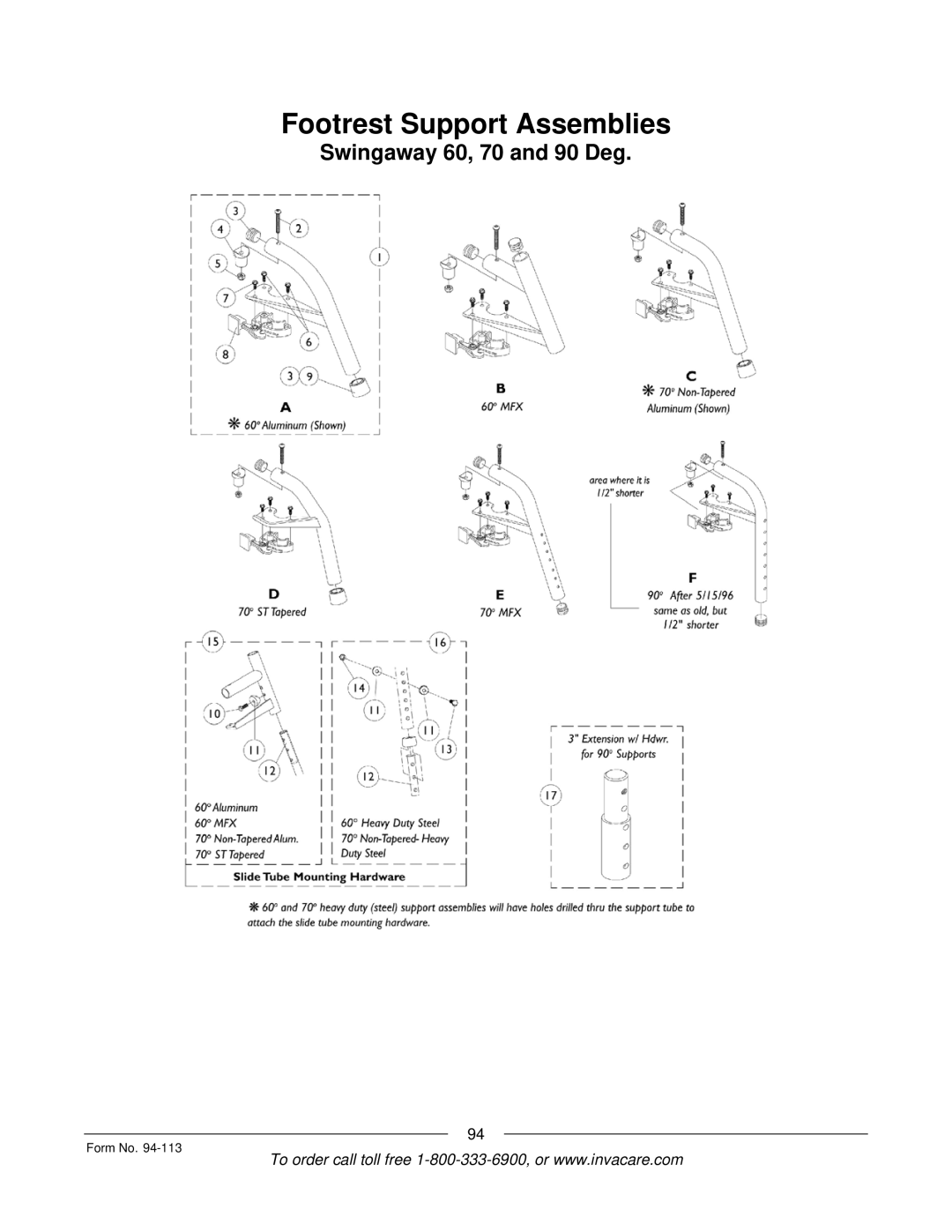 Invacare TorqueTM manual Footrest Support Assemblies, Swingaway 60, 70 and 90 Deg 