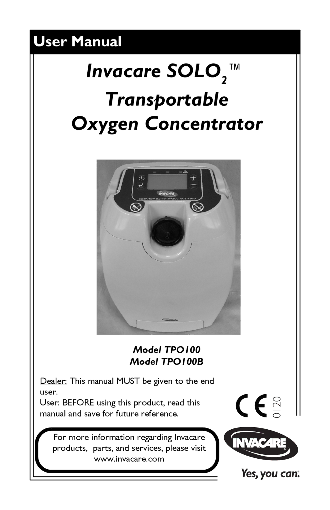 Invacare TPO100B user manual Invacare SOLO2 Transportable Oxygen Concentrator 