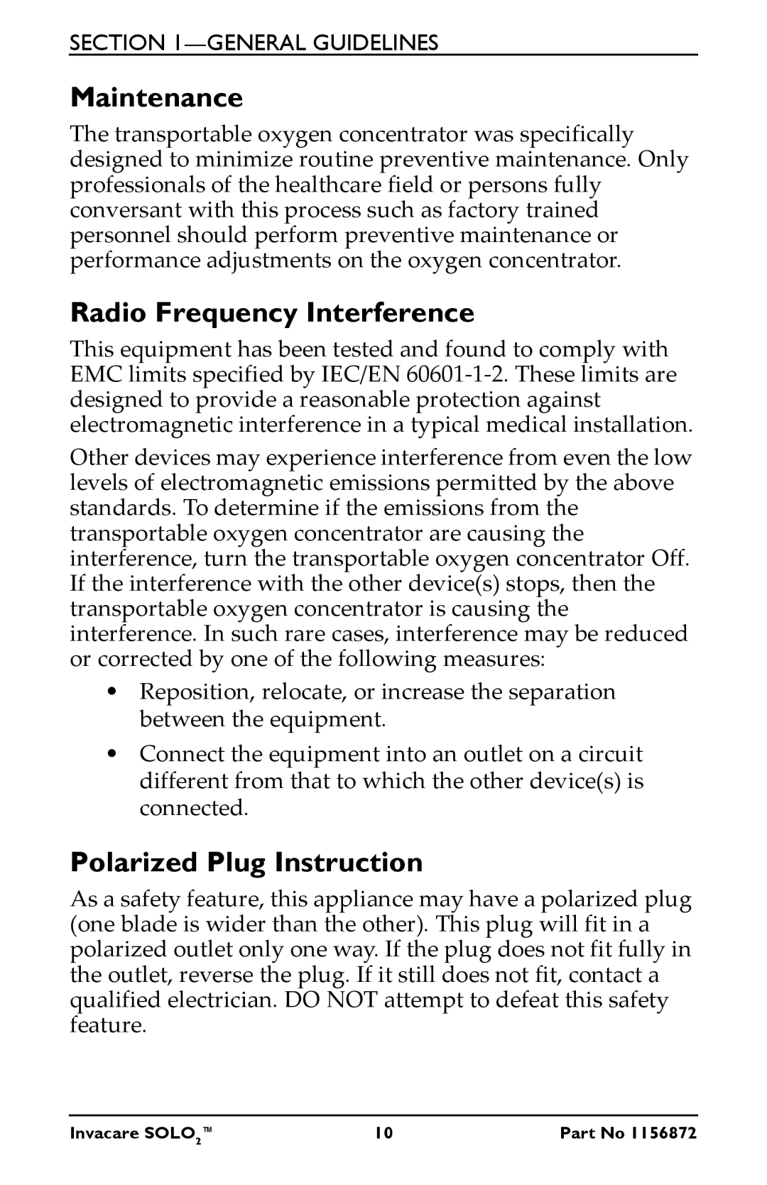 Invacare TPO100B user manual Maintenance, Radio Frequency Interference, Polarized Plug Instruction 