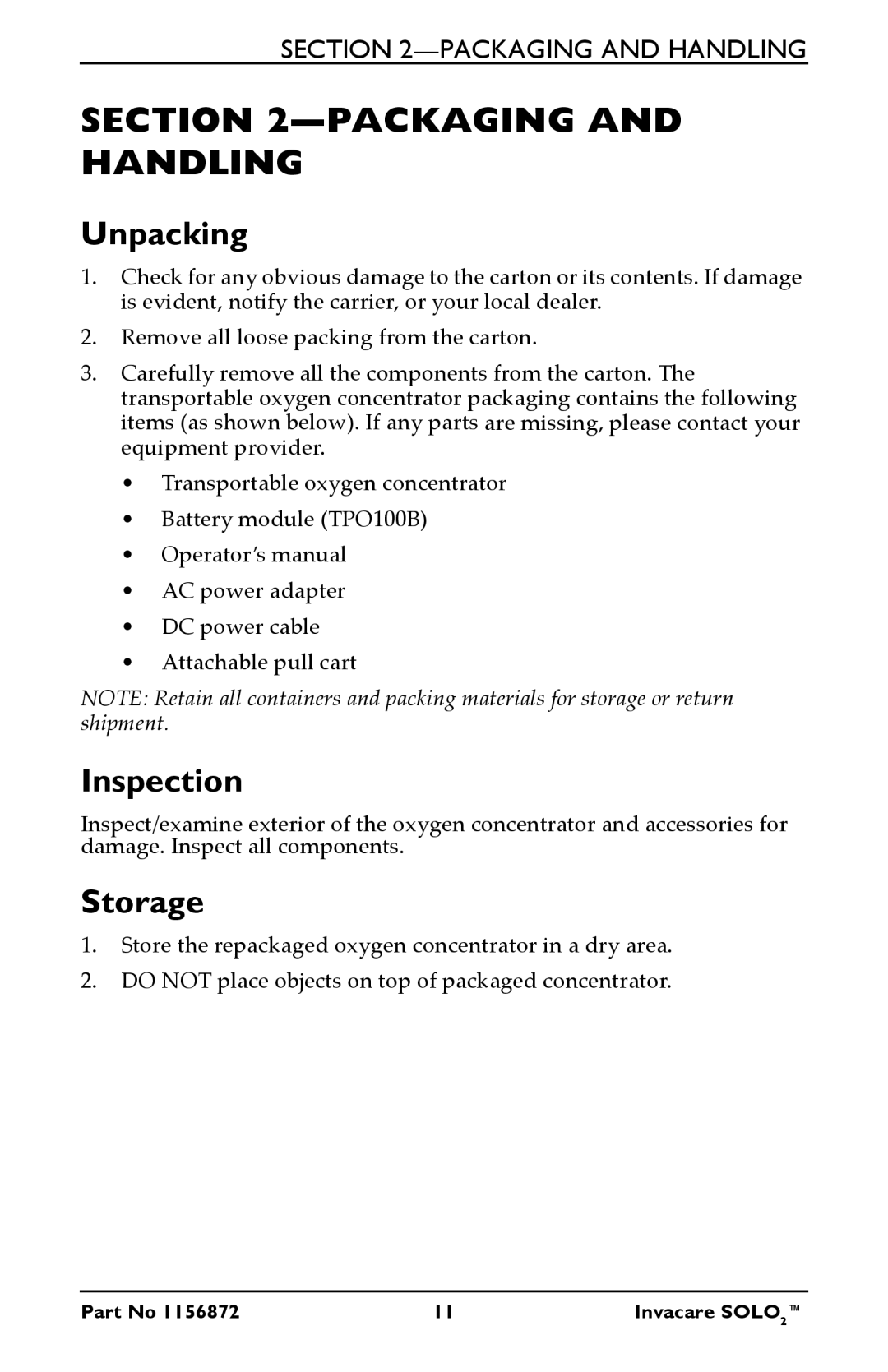 Invacare TPO100B user manual Packaging and Handling, Unpacking, Inspection, Storage 