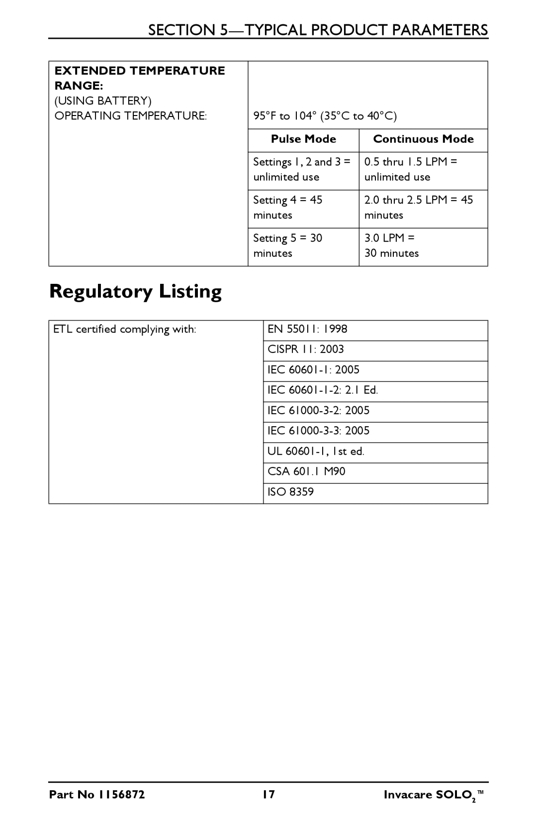 Invacare TPO100B user manual Regulatory Listing 