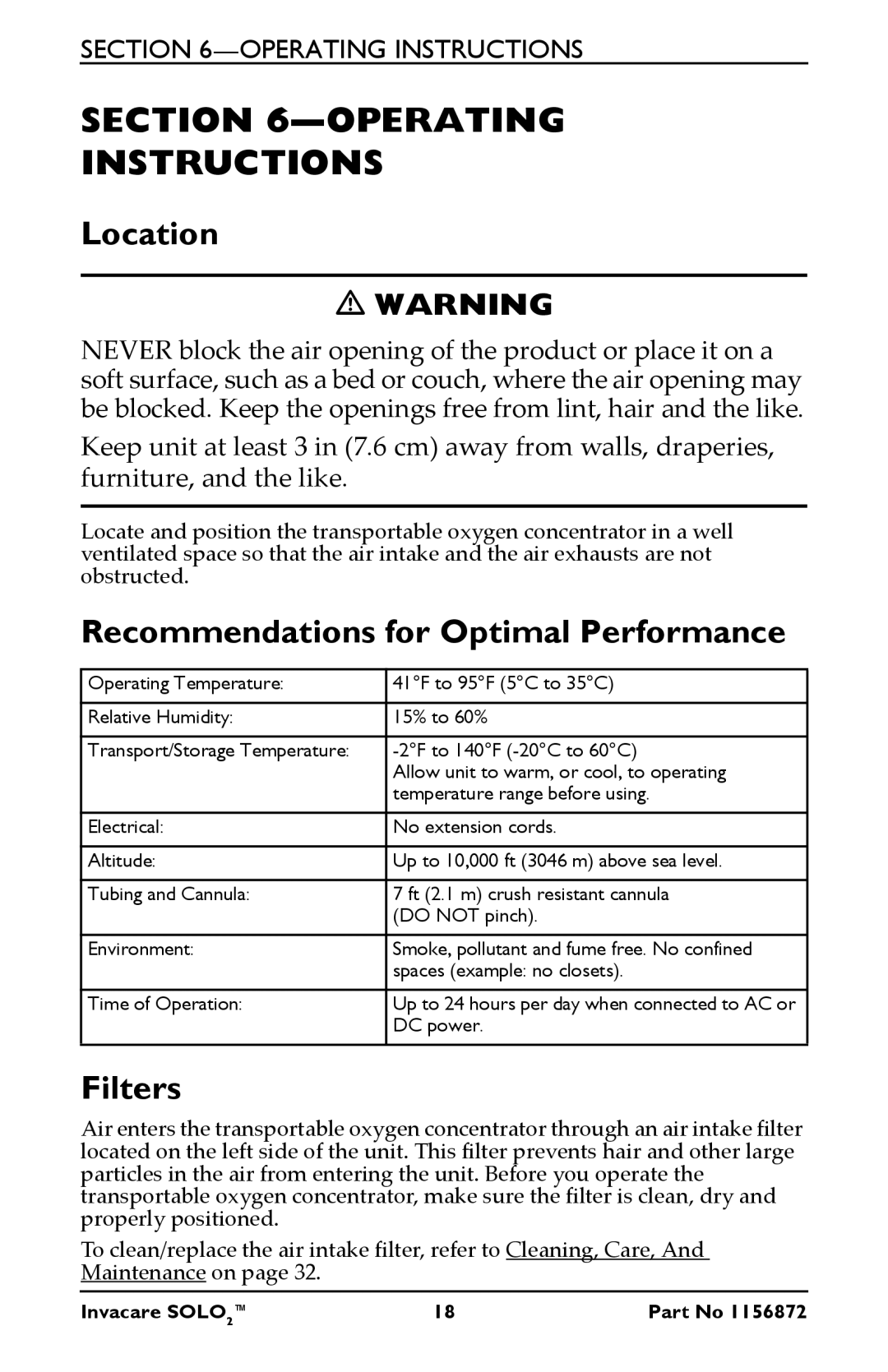 Invacare TPO100B user manual Operating Instructions, Location, Recommendations for Optimal Performance, Filters 