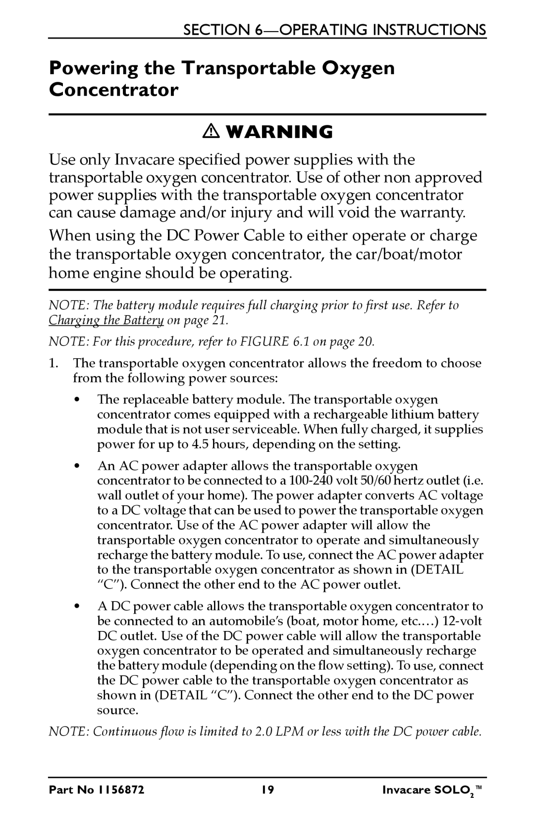 Invacare TPO100B user manual Powering the Transportable Oxygen Concentrator 