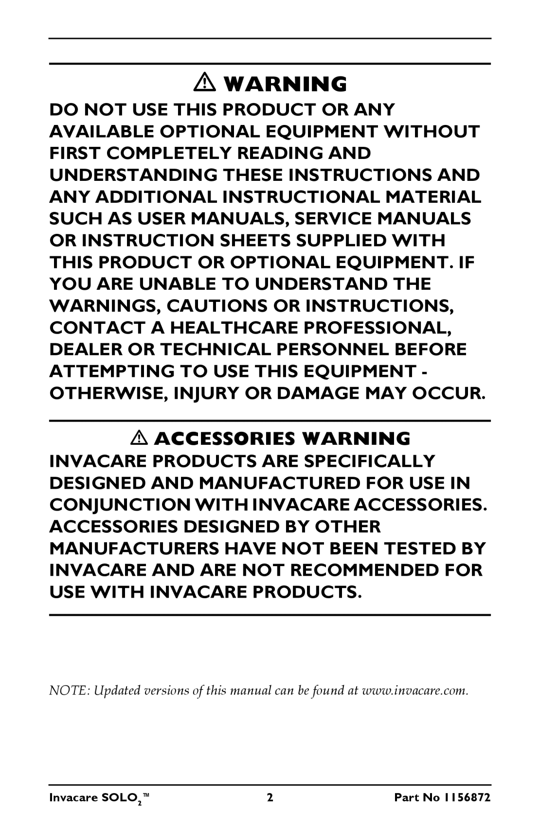 Invacare TPO100B user manual Accessories Warning 