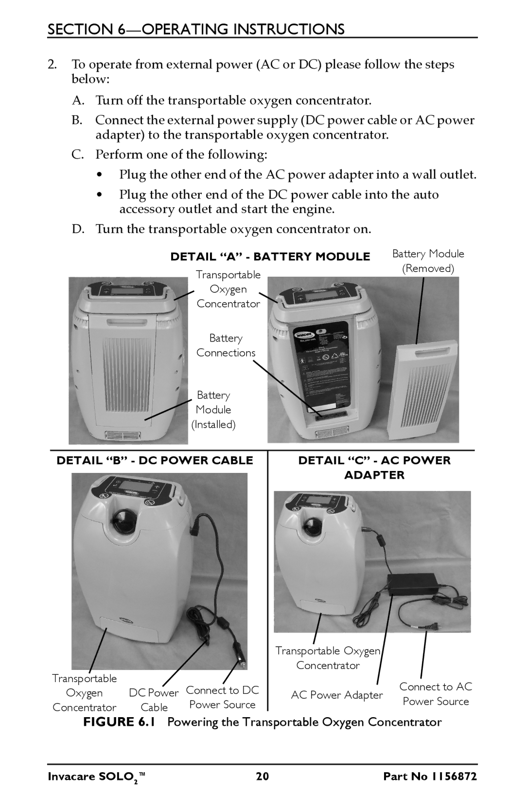 Invacare TPO100B user manual Detail a Battery Module, Detail B DC Power Cable Detail C AC Power Adapter 