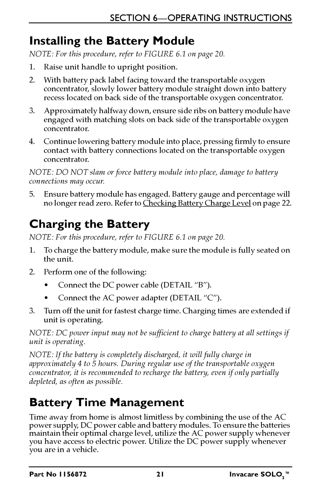 Invacare TPO100B user manual Installing the Battery Module, Charging the Battery, Battery Time Management 