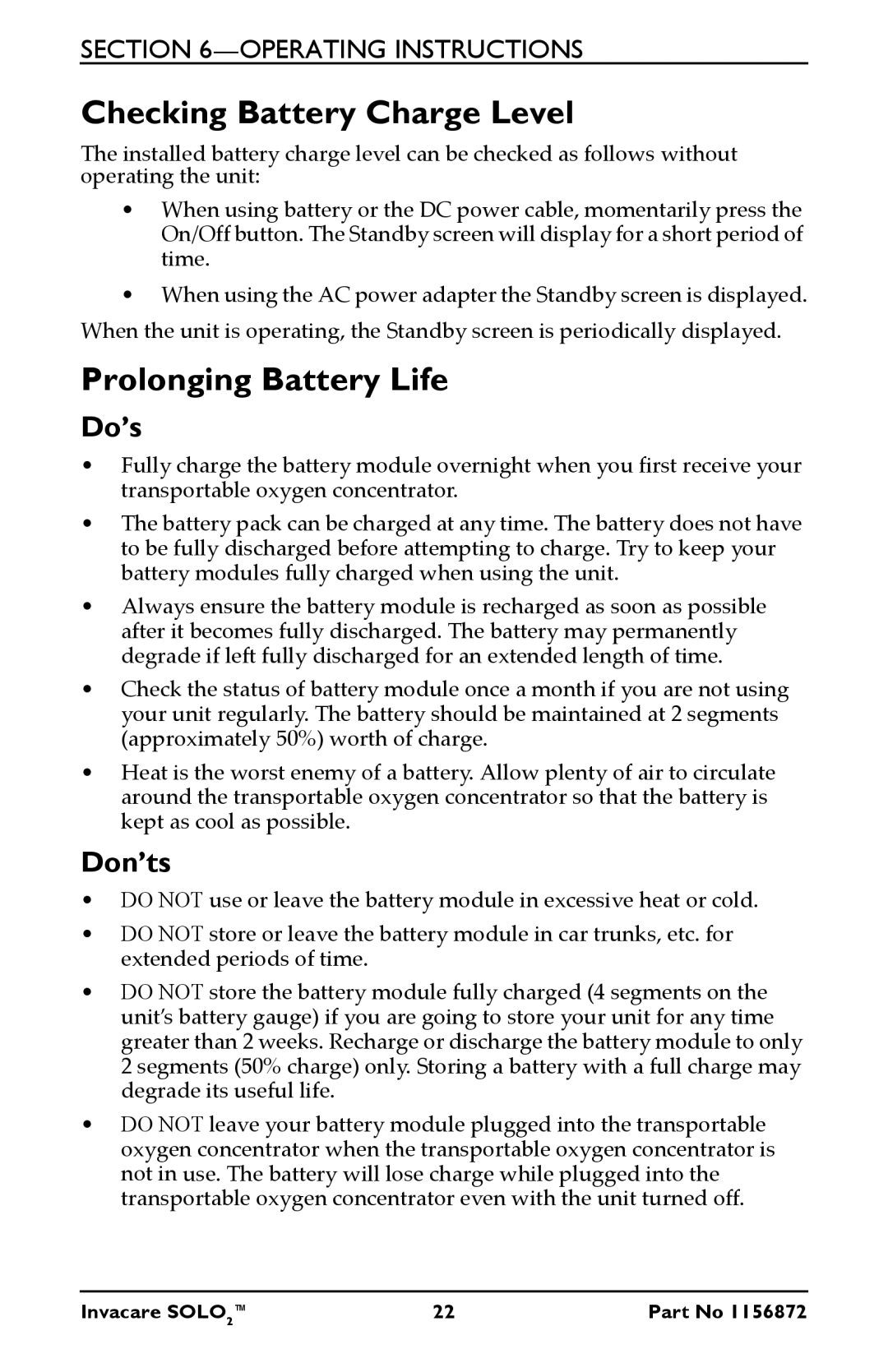 Invacare TPO100B user manual Checking Battery Charge Level, Prolonging Battery Life 