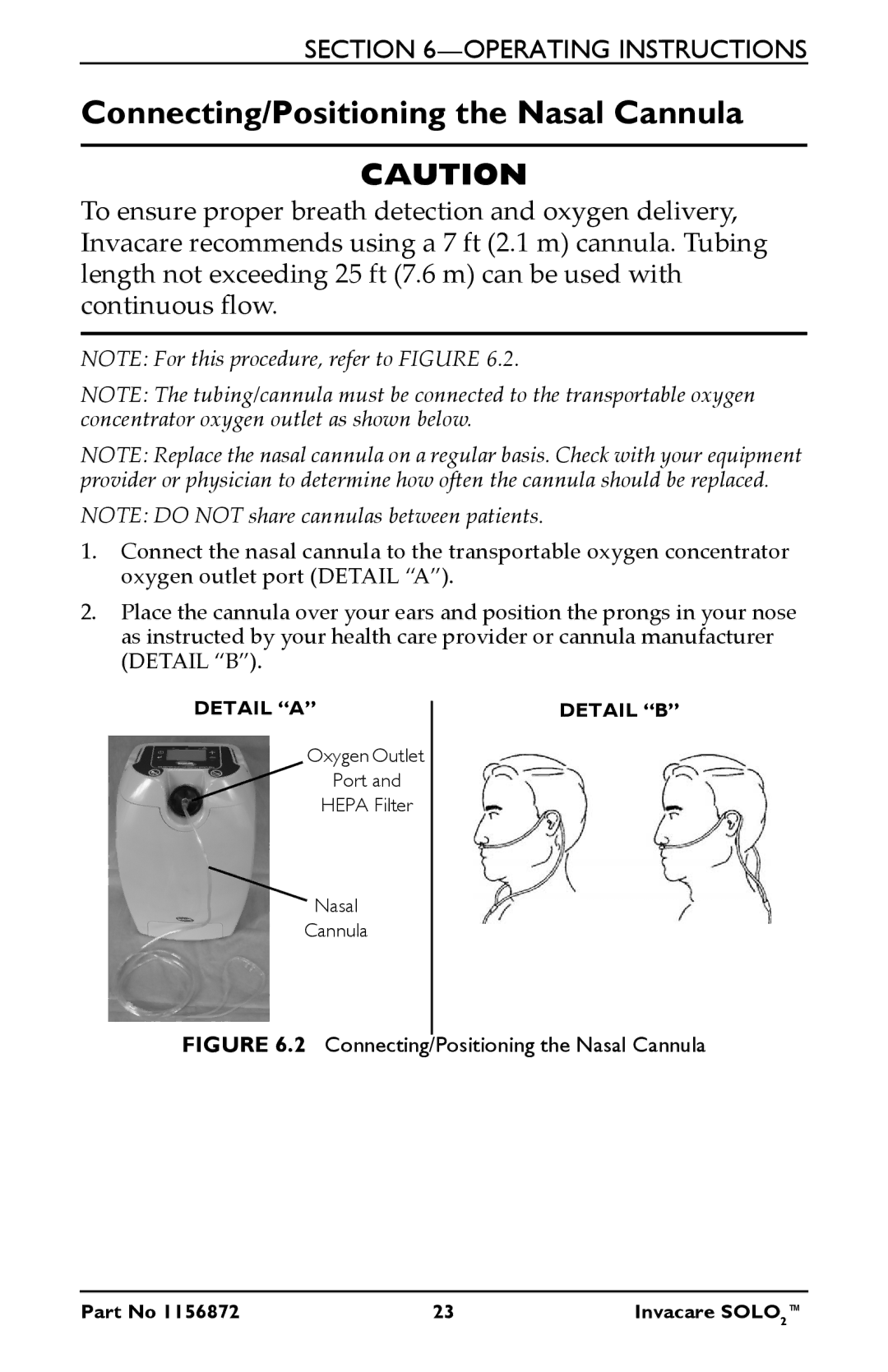 Invacare TPO100B user manual Connecting/Positioning the Nasal Cannula, Detail a, Detail B 