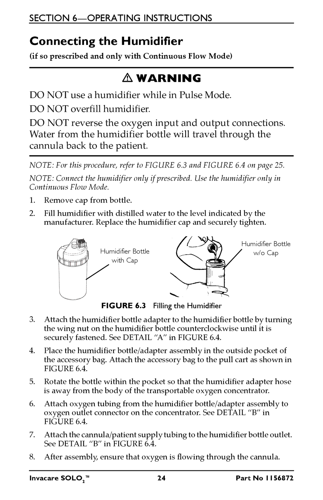 Invacare TPO100B user manual Connecting the Humidifier, Remove cap from bottle 