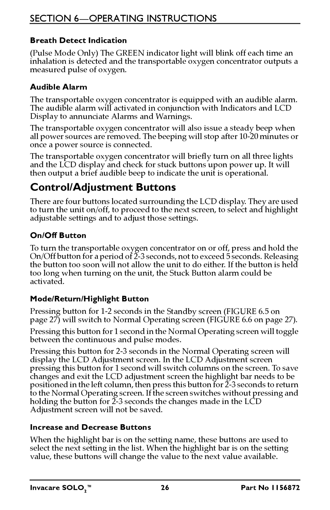 Invacare TPO100B user manual Control/Adjustment Buttons 