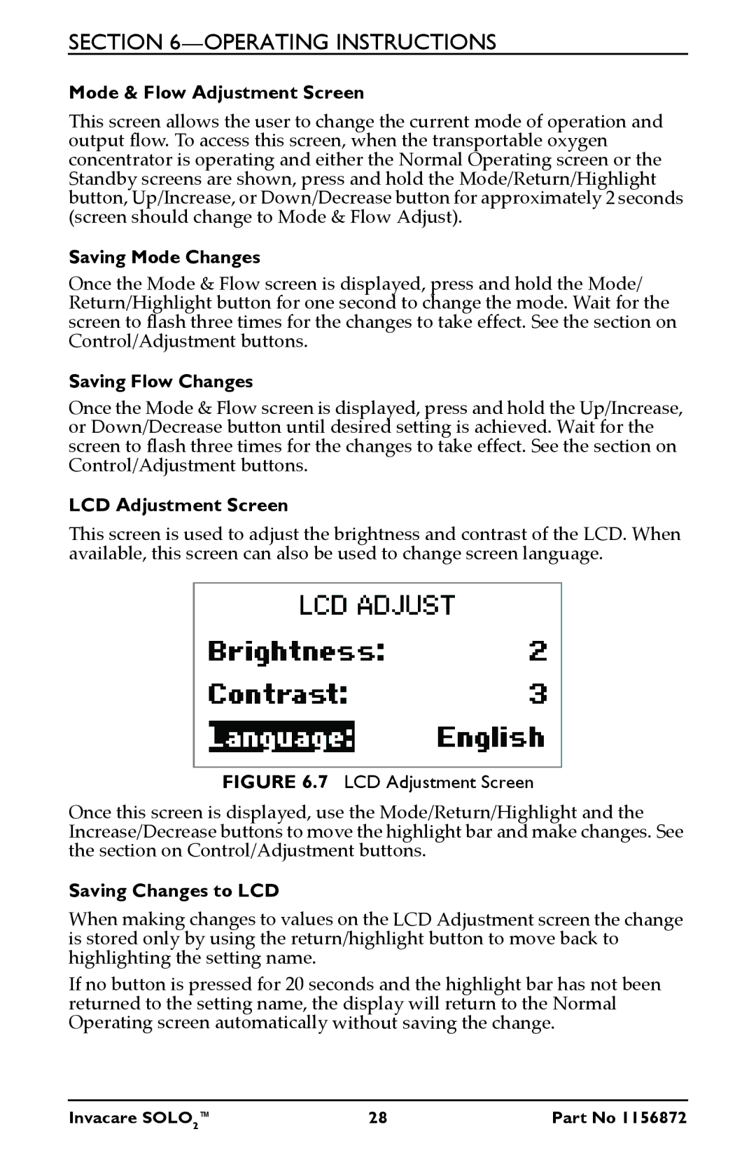 Invacare TPO100B user manual Mode & Flow Adjustment Screen 