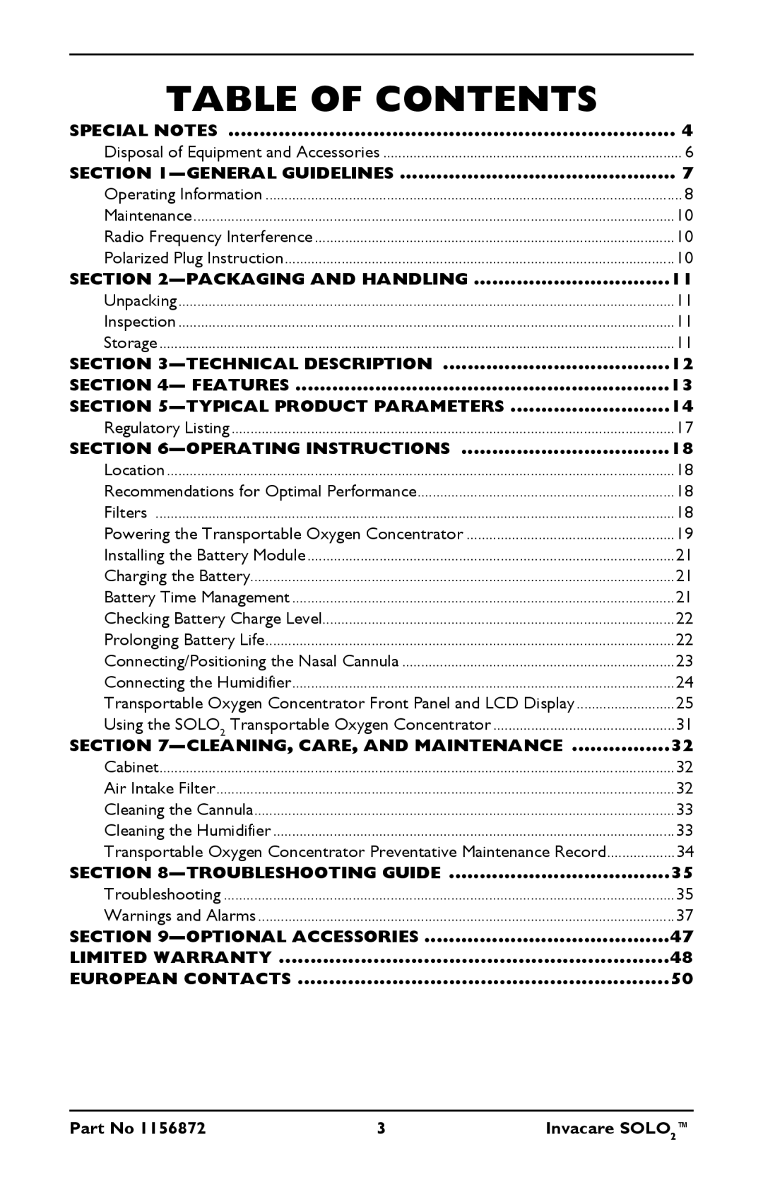 Invacare TPO100B user manual Table of Contents 