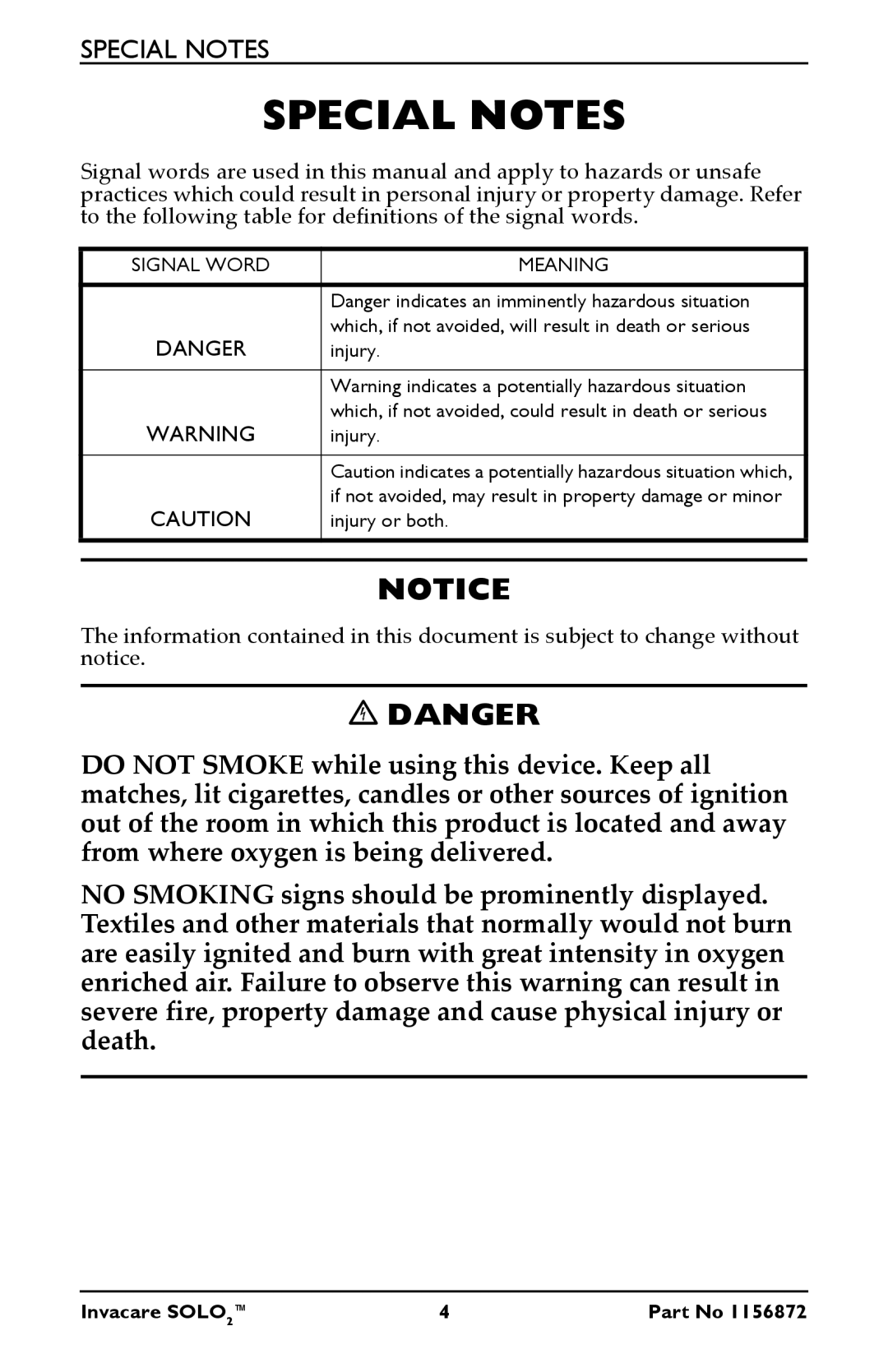 Invacare TPO100B user manual Special Notes 