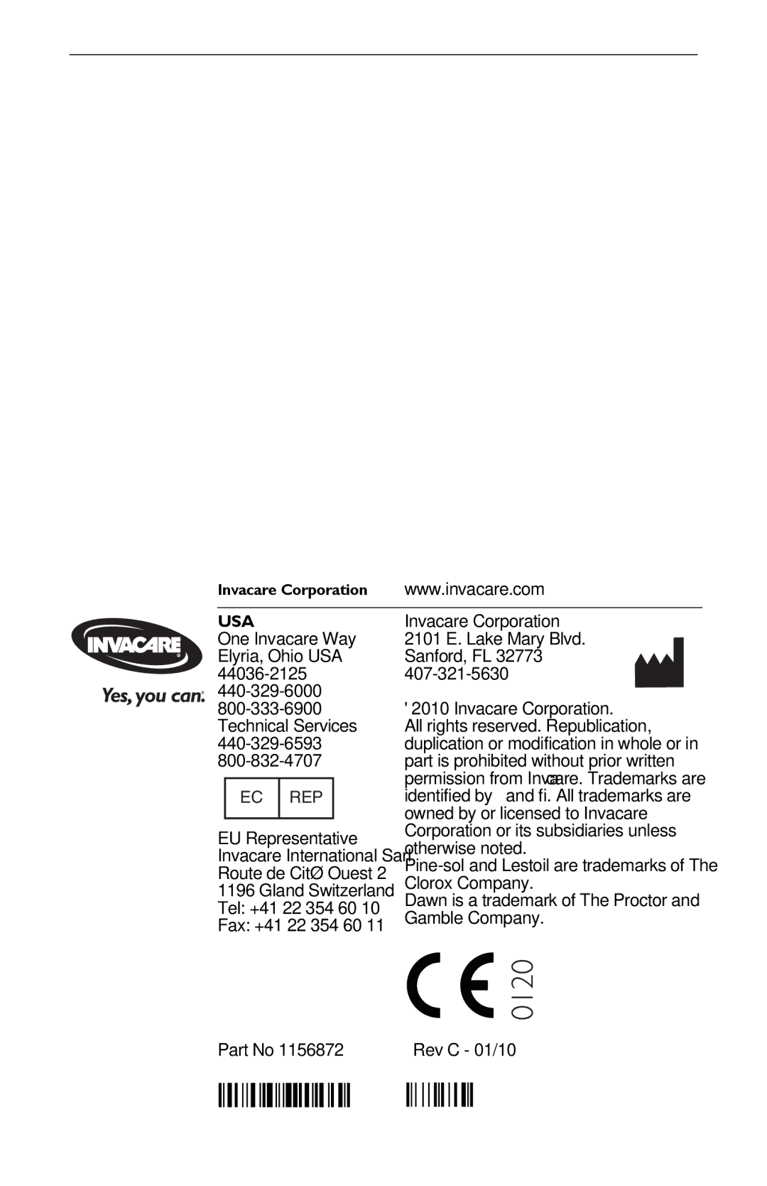 Invacare TPO100B user manual Usa, Ec Rep 