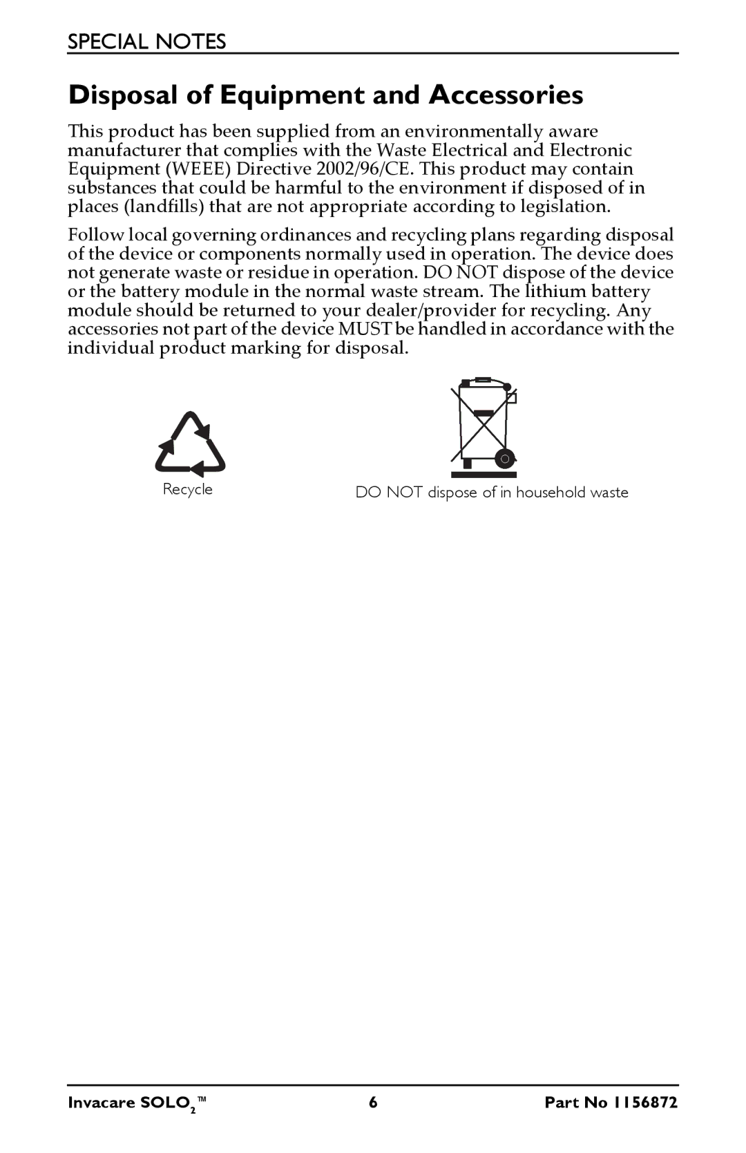 Invacare TPO100B user manual Disposal of Equipment and Accessories 