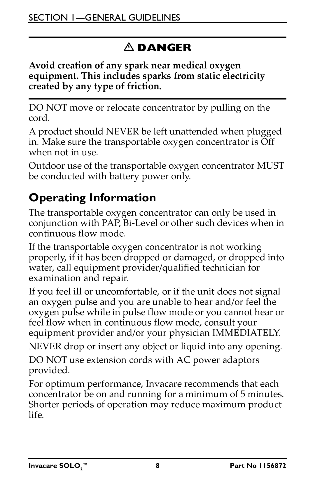 Invacare TPO100B user manual Operating Information 