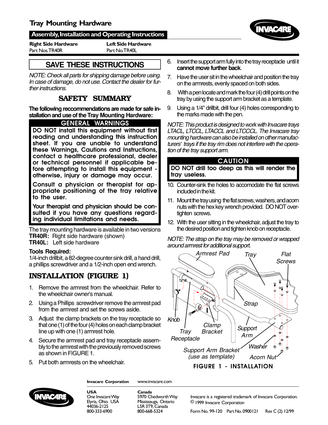 Invacare TR40R, TR40L operating instructions Tray Mounting Hardware, Safety Summary, Installation Figure, General Warnings 