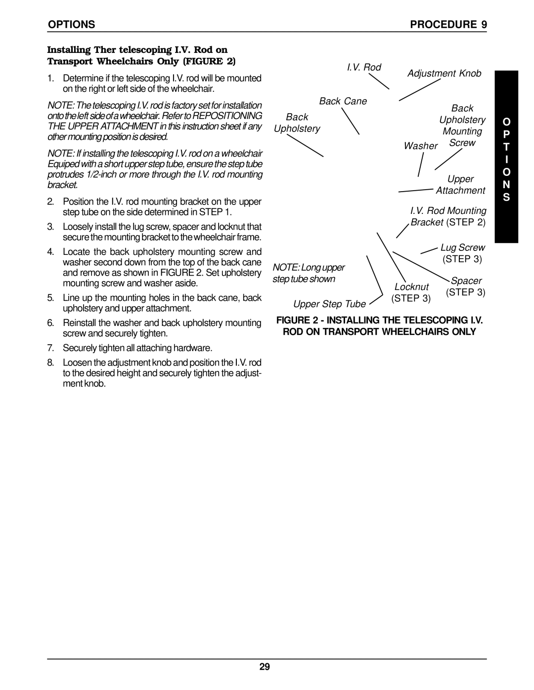 Invacare TRACER EX manual Options Procedure, Step tube shownSpacer Locknut, Upper Step Tube 