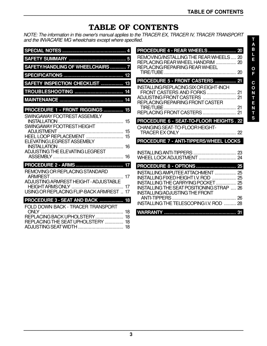 Invacare TRACER EX manual Table of Contents 