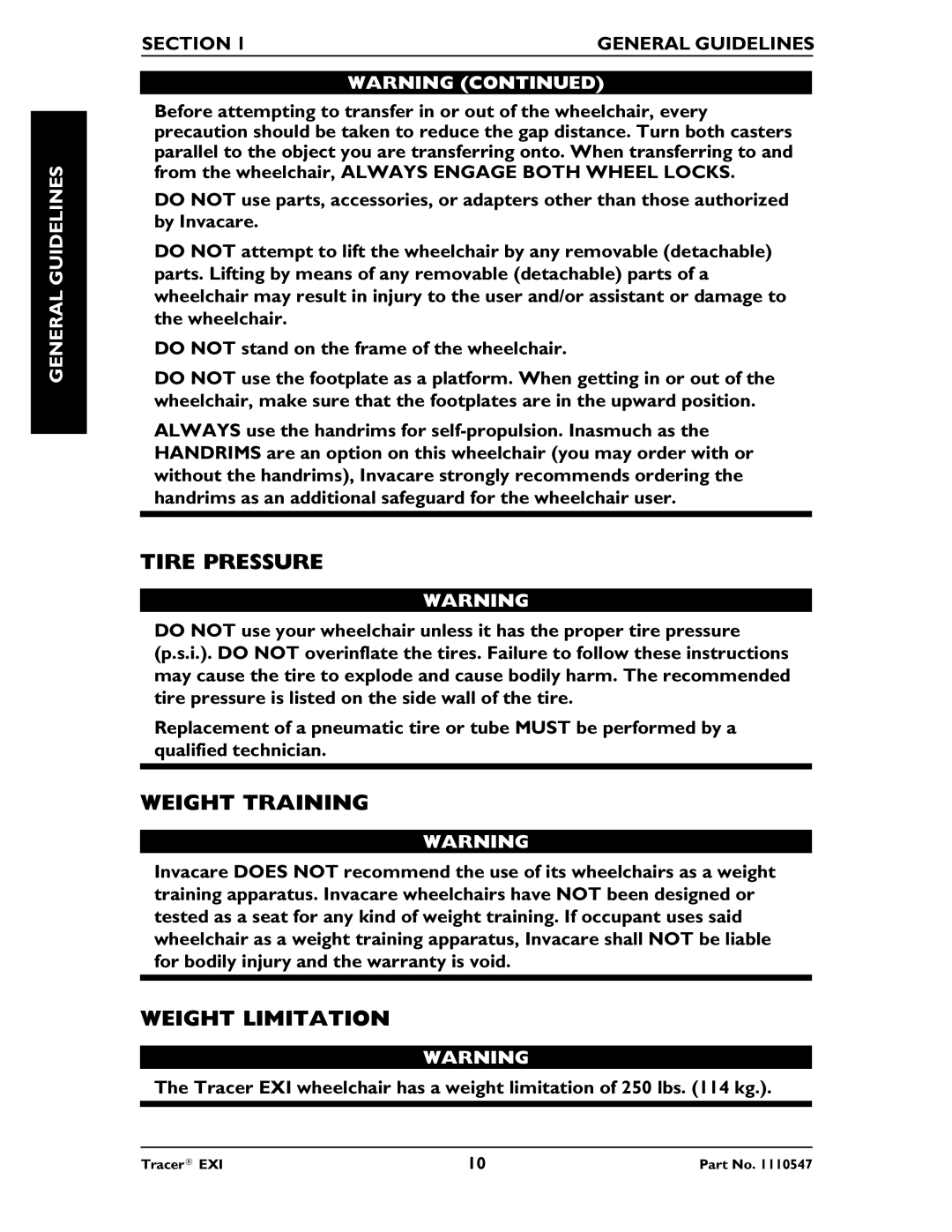 Invacare Tracer EXIR manual Tire Pressure, Weight Training, Weight Limitation 