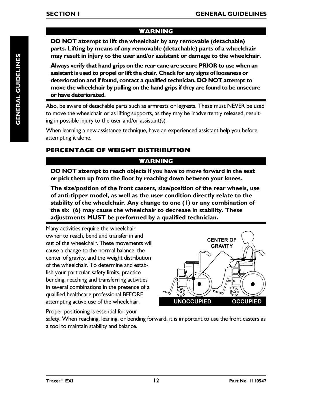 Invacare Tracer EXIR manual Percentage of Weight Distribution 