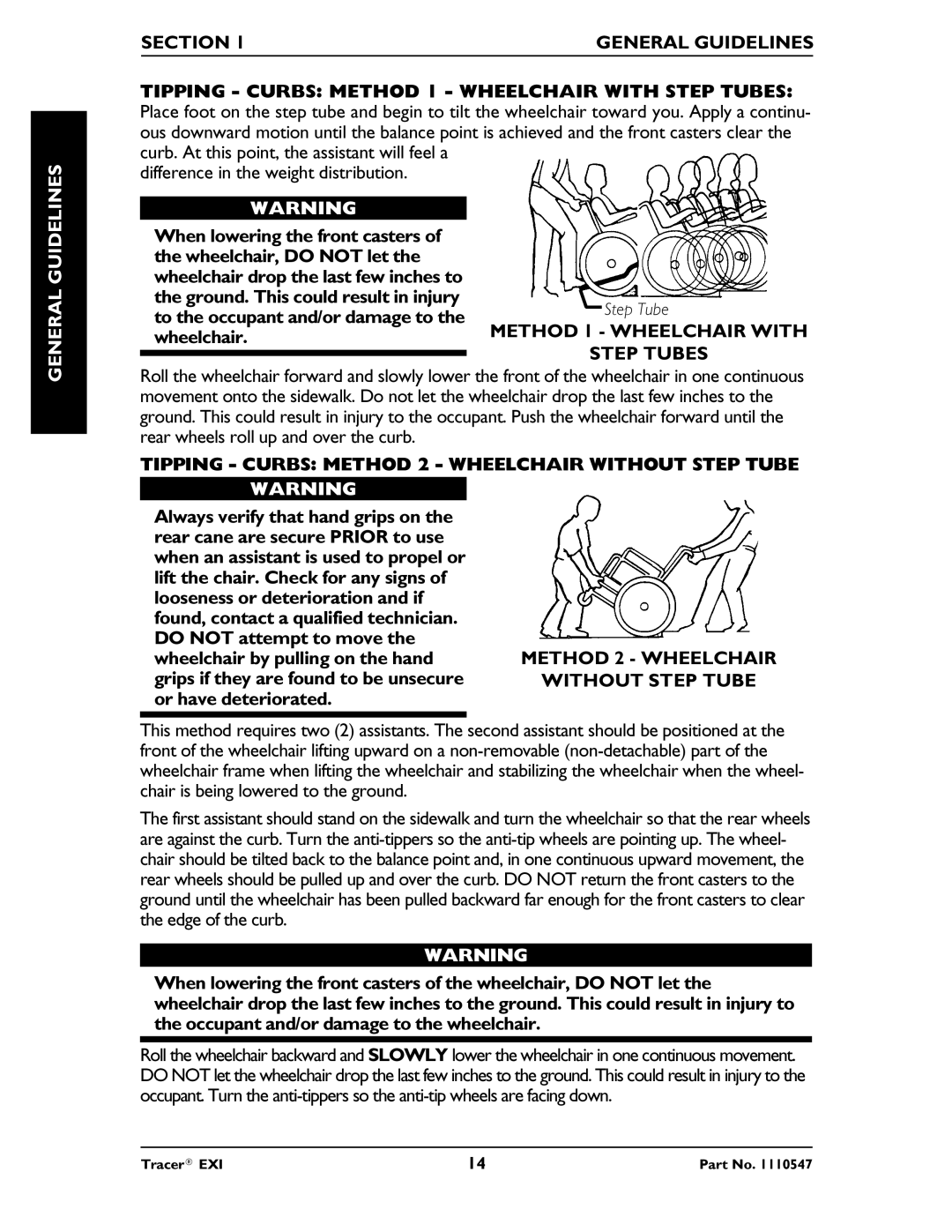 Invacare Tracer EXIR manual Method 1 Wheelchair with Step Tubes, Tipping Curbs Method 2 Wheelchair Without Step Tube 