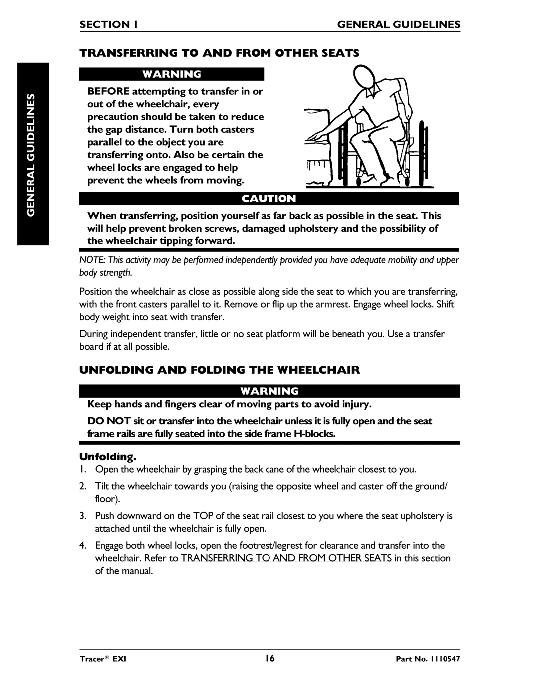 Invacare Tracer EXIR manual Transferring to and from Other Seats, Unfolding and Folding the Wheelchair 