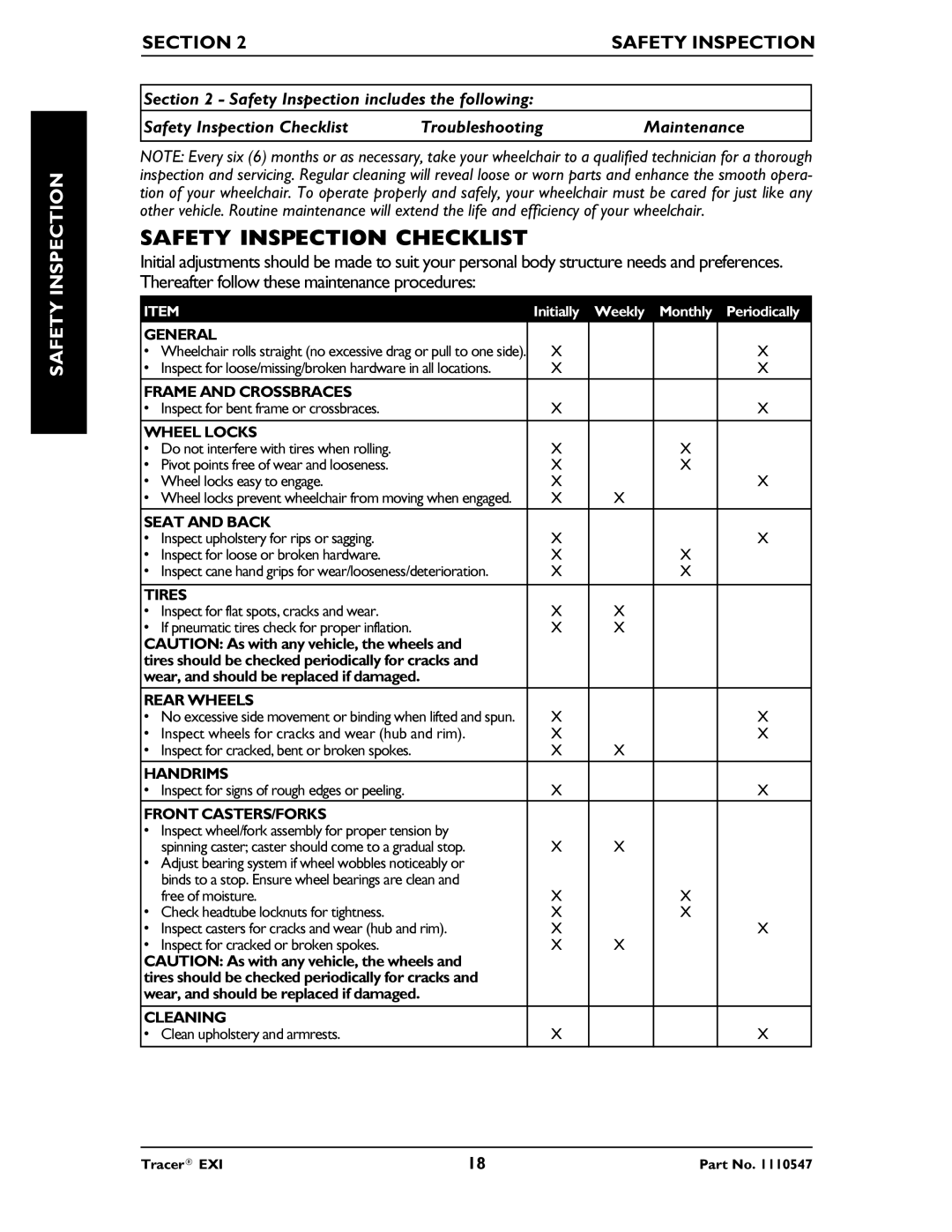 Invacare Tracer EXIR manual Safety Inspection Checklist, Section Safety Inspection 