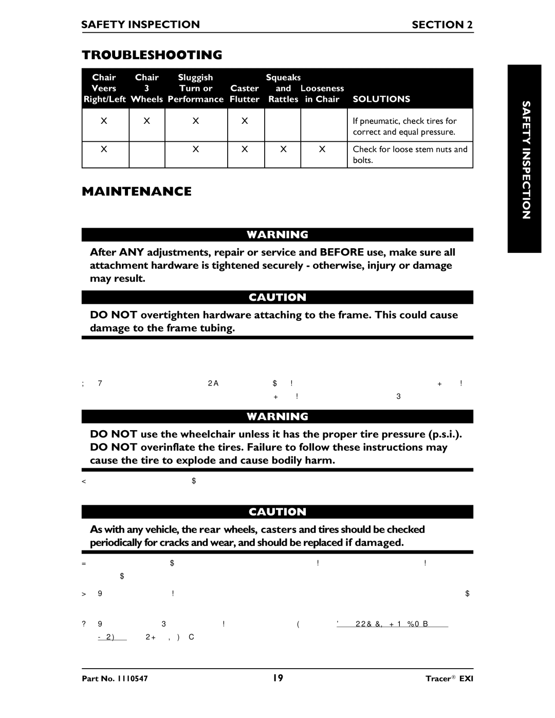 Invacare Tracer EXIR manual Troubleshooting, Maintenance Safety Precautions, Suggested Maintenance Procedures 