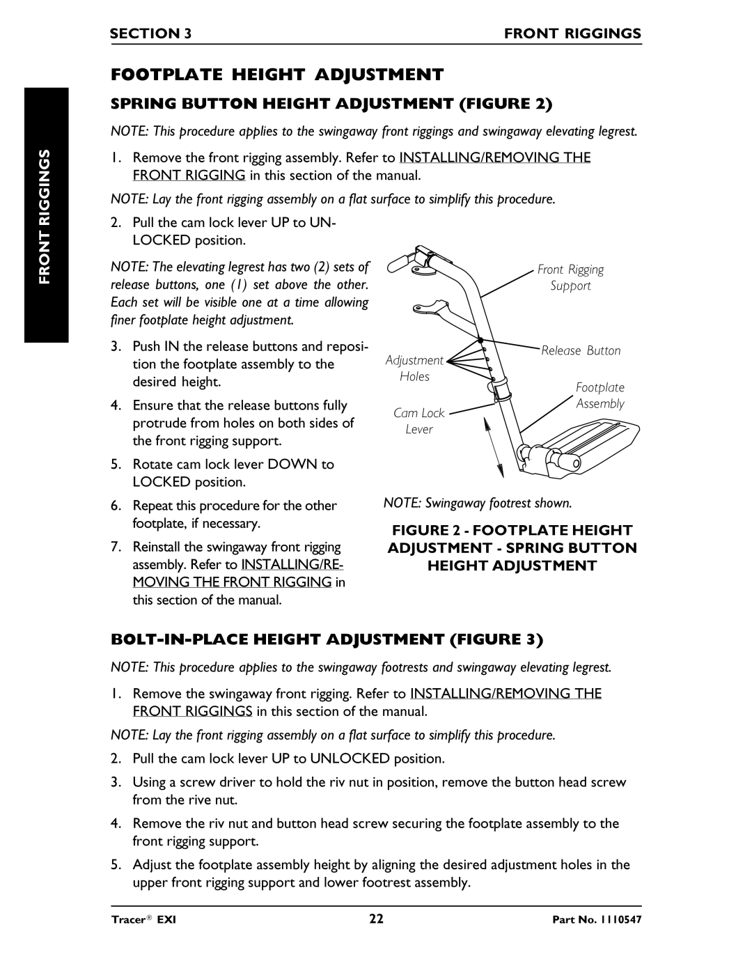 Invacare Tracer EXIR manual Footplate Height Adjustment, Spring Button Height Adjustment Figure, Riggings, Front 