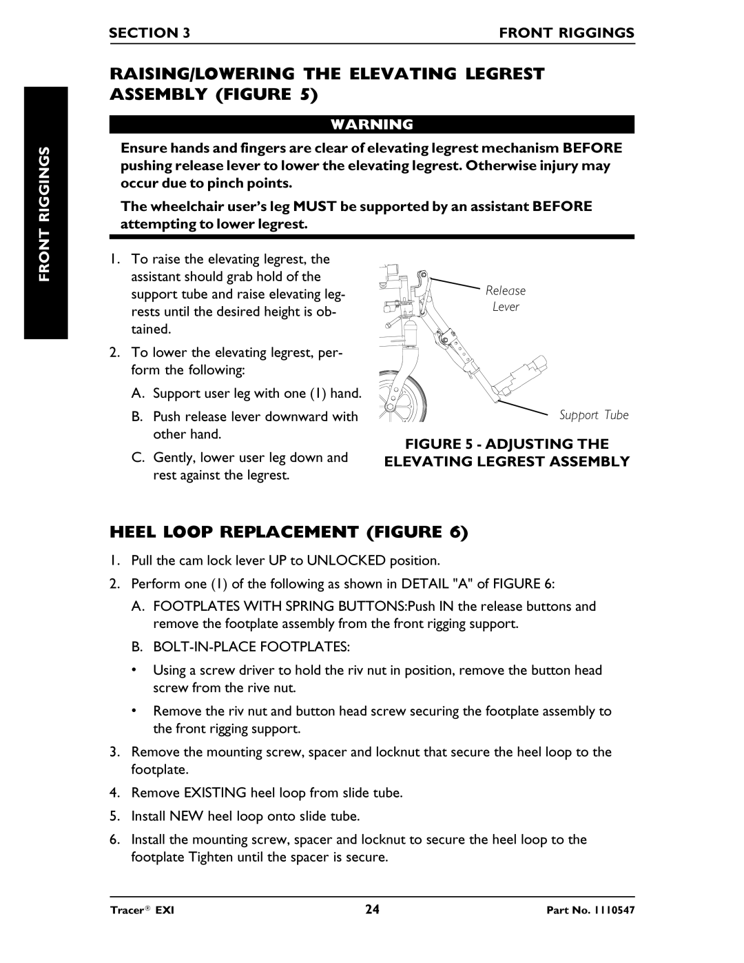 Invacare Tracer EXIR manual RAISING/LOWERING the Elevating Legrest Assembly Figure, Heel Loop Replacement Figure 