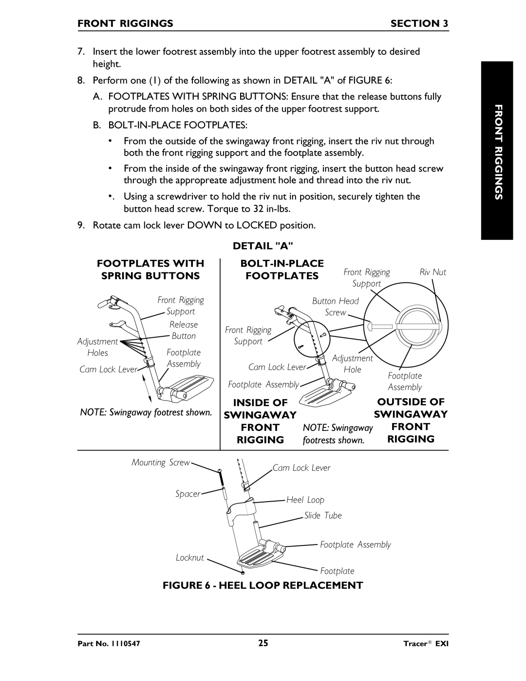 Invacare Tracer EXIR manual Detail a Footplates with BOLT-IN-PLACE, Spring Buttons Footplates 