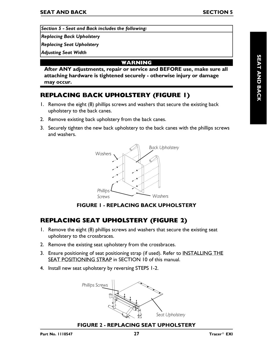 Invacare Tracer EXIR manual Replacing Back Upholstery Figure, Replacing Seat Upholstery Figure, Seat and Back Section 