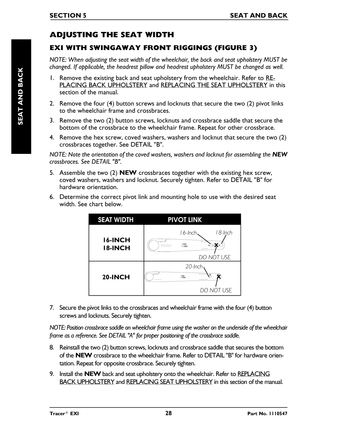 Invacare Tracer EXIR manual Adjusting the Seat Width, EXI with Swingaway Front Riggings Figure, Seat Backand, Pivot Link 