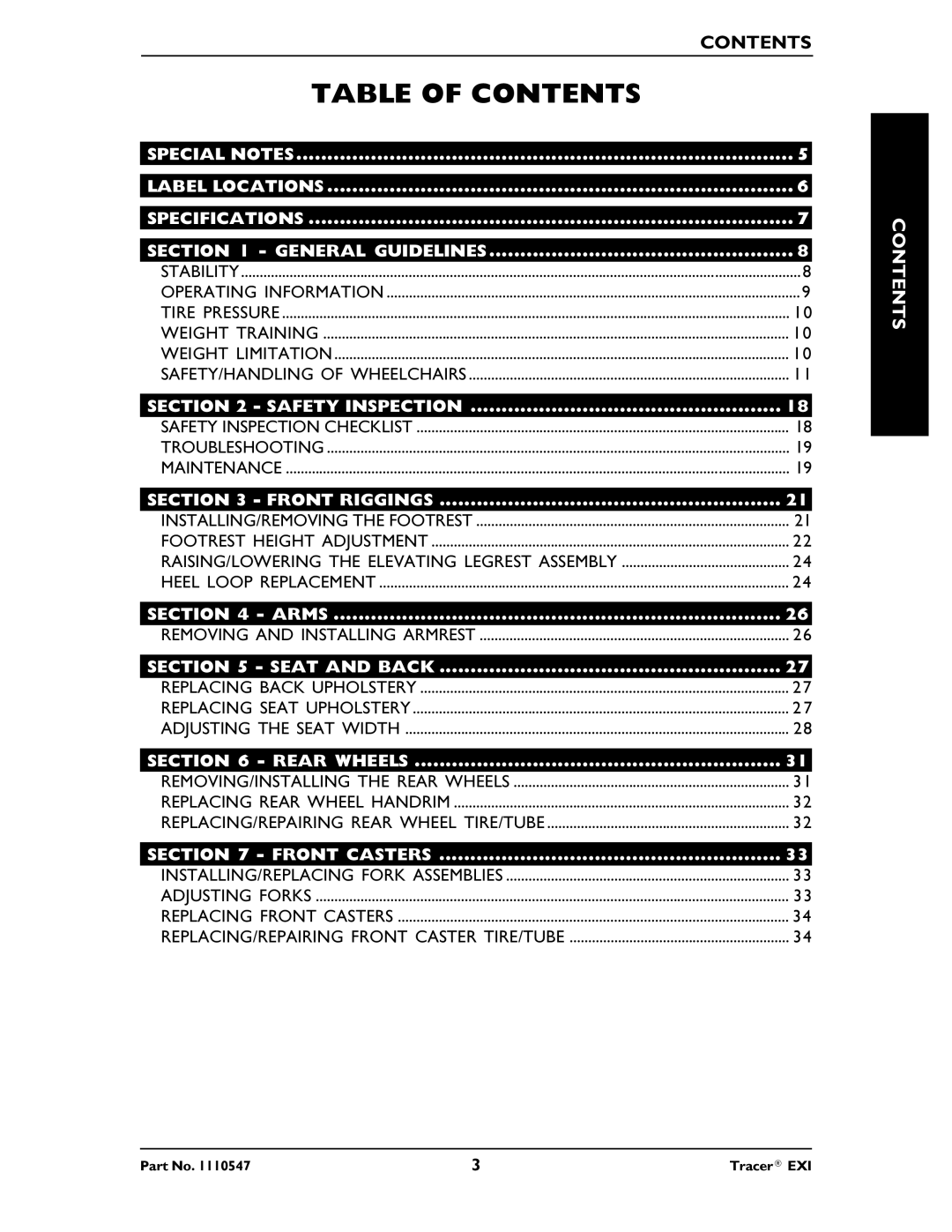 Invacare Tracer EXIR manual Table of Contents 