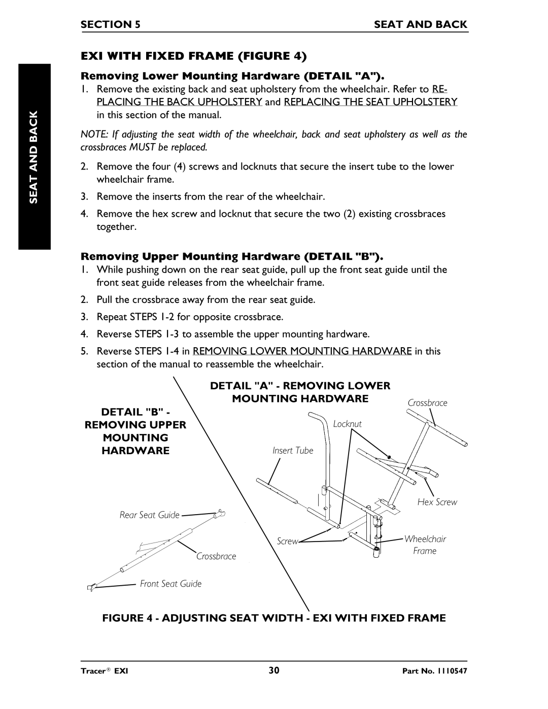 Invacare Tracer EXIR manual EXI with Fixed Frame Figure, Detail a Removing Lower Mounting Hardware 