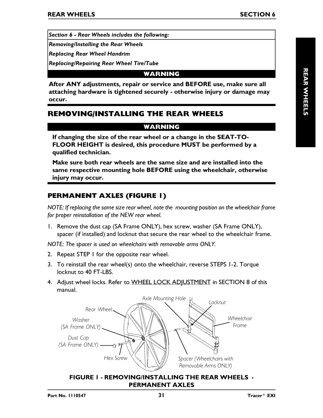 Invacare Tracer EXIR manual REMOVING/INSTALLING the Rear Wheels, Permanent Axles Figure, Rear Wheels Section 